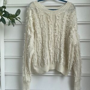 REVOLVE J.O.A LA Angora Blend Fringed Crew Neck Chunky Knit‎ Sweater Cream XS